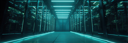 A sleek data center features illuminated racks of servers with vibrant neon lights, showing a modern technological environment at night.の素材
