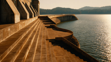 Sunset casts a warm glow on the sturdy concrete steps by the reservoir, leading to the reflective water and distant rolling hills in the background.の素材