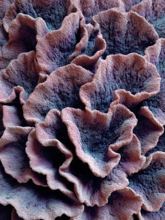 Close-up view of layered, textured fabric that resembles blooming flowers. Dark shades of purple and blue create a stunning visual in a creative workspace.の素材