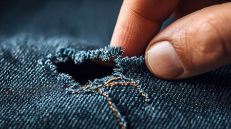 A hand inspects a hole in dark denim, showing the frayed edges and stitching of the fabric in bright lighting, highlighting its texture and detail.の素材