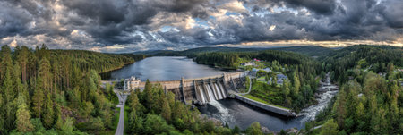 Dramatic clouds paint the sky above a large dam, while tranquil waters reflect the greenery of the surrounding forest and reveal a serene atmosphere.の素材