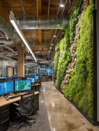 In a contemporary office setting, workstations are arranged beside a lush green vertical garden, showing a harmonious blend of nature and technology.の素材