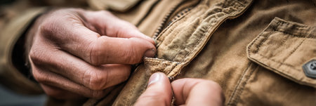 Hands engage in fastening a zipper on a sturdy jacket, highlighting the focus on outdoor preparation and the tactile feel of the fabric and clothing.の素材