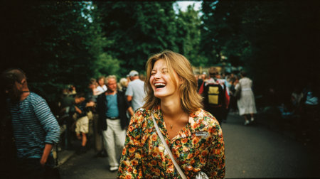 A woman with floral attire laughs heartily as she walks through a crowded park, surrounded by joyful visitors enjoying their day.の素材