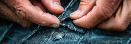 A close-up view of hands carefully fastening a metal button on blue denim fabric, focusing on the intricate details of the adjustment clothing process.の素材
