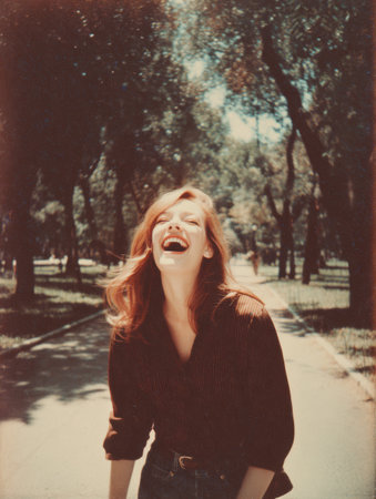 A woman expresses pure joy while laughing in a sunlit park, surrounded by lush greenery and tall trees under a bright sky during daytime.の素材
