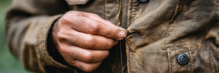 A hand carefully buttons a frayed jacket, highlighting the wear and tear from hard work in a lush green environment, showcasing dedication and craftsmanship.の素材