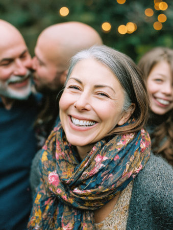 Friends share a lighthearted moment outdoors, exuding happiness and warmth under twinkling lights during a gathering in a lush environmentの素材