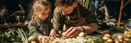 A father and daughter focus on chopping vegetables at a wooden table under sunlight, enjoying a joyful moment while bonding over cooking.の素材