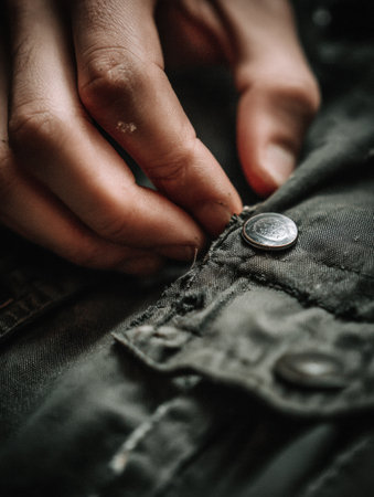 A skilled hand deftly sews a button onto dark fabric, showing the intricate stitching and care in garment repair.の素材
