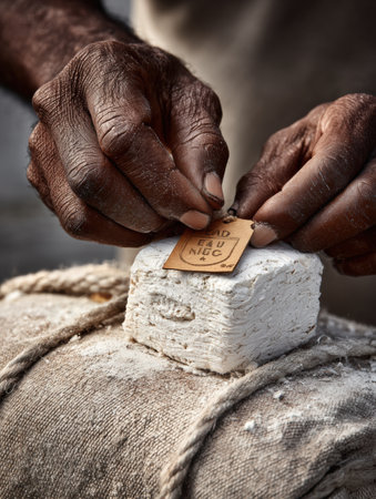 A skilled artisan delicately attaches a label to a block of artisanal cheese, showcasing their craftsmanship in a rustic atmosphere.の素材