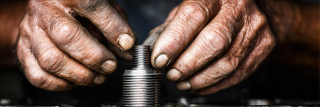 A craftsman uses his hands to carefully fit metal parts together in a workshop, showcasing both skill and attention to detail in the process.の素材