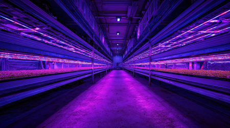 Indoor greenhouse features rows of hydroponic systems illuminated by purple LED lights, enhancing plant growth in a modern agricultural setting.の素材