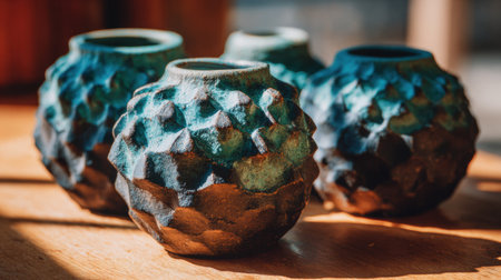 Four handmade ceramic vases with distinct textures and colors are displayed on a wooden tabletop, illuminated by natural light from nearby windows.の素材