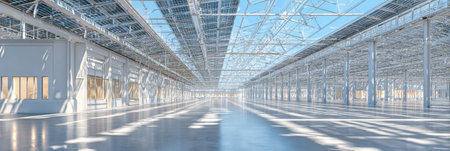 A spacious warehouse with high ceilings, solar panels, and plenty of natural light from large windows, offering an inviting atmosphere.の素材