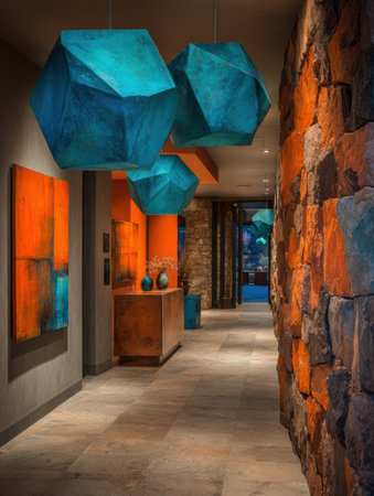 This vivid hallway features striking geometric light fixtures, colorful artwork, and a stylish stone wall, creating a warm and inviting atmosphere.の素材