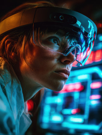 Scientist focuses intently on augmented reality displays while wearing advanced headgear, surrounded by vibrant screens and data visualization.の素材