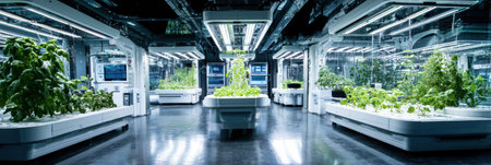 Modern indoor vertical farms use various systems and grow vibrant plants under artificial lights, showing sustainable agriculture.の素材