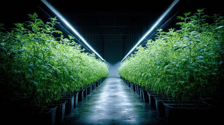 Rows of vibrant green plants grow in pots inside a well-lit indoor facility, showing a controlled environment for cultivation.の素材