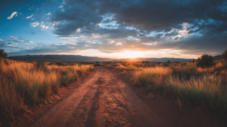 A warm sunset casts golden light over a dirt road surrounded by tall grass and distant mountains, creating a peaceful and scenic atmosphere.の素材
