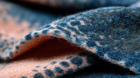Detail of soft fabric revealing a unique blend of colors and textures, emphasizing artistic patterns that enhance its visual appeal and tactile quality.の素材