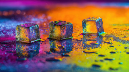 Three ice cubes rest on a colorful, wet surface while reflecting lights in various hues. The scene is set during twilight, enhancing the vibrant atmosphere.の素材