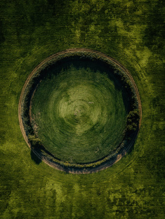 An aerial view showcases a distinctive circular pattern in a lush green field surrounded by trees on a sunny day. Vibrant colors create a striking visual.の素材