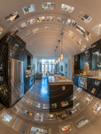 Spacious kitchen features sleek cabinetry, modern appliances, and large windows allowing sunlight to flood the area, creating a welcoming atmosphere.の素材