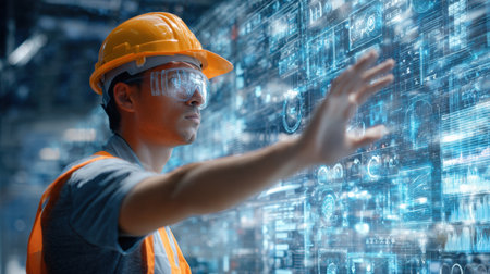 A construction engineer uses a holographic interface to assess data and project information in a modern facility. Safety gear ensures protection.の素材