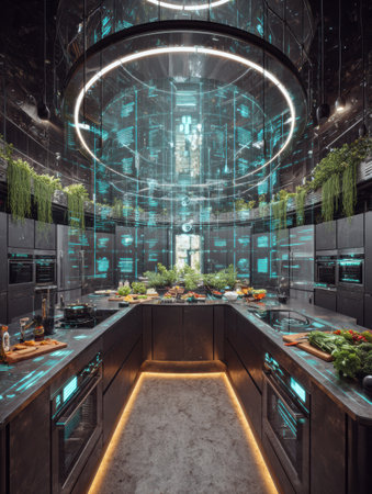 A sleek kitchen filled with advanced technology and lush plants creates an inviting atmosphere for cooking. Bright lights enhance the modern aesthetic.の素材