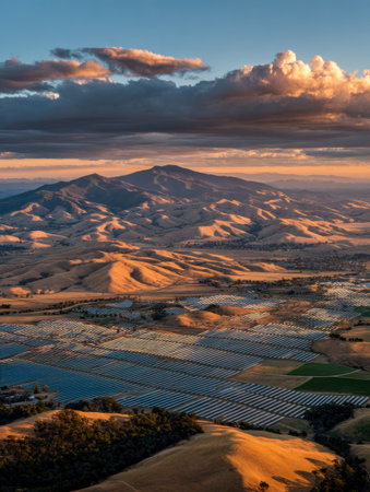 Aerial view reveals expansive terrain with rolling hills and fields reflecting the warm colors of sunset, with clouds adding depth and beauty to the scene.の素材