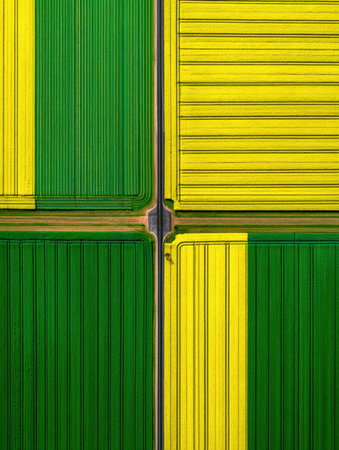 Birds eye view of a striking agricultural area with bright green and yellow fields separated by a narrow road, surrounded by clear skies.の素材