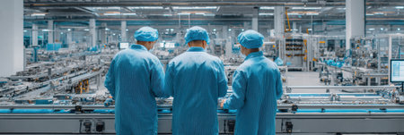 Three workers in blue uniforms are focused on an assembly line in a clean and organized factory environment. The setting is bright and busy.の素材