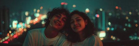 Two young individuals sit together, smiling and enjoying the night cityscape filled with colorful lights and bustling activity, showcasing happiness.の素材