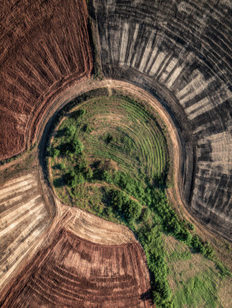 Unique circular planting patterns reveal a blend of soil colors and lush greenery, showing the beauty of agricultural practices seen from above.の素材
