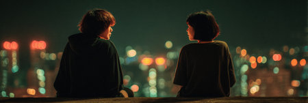 Two young individuals sit side by side on a ledge, gazing at a bright city skyline illuminated at night. Their relaxed demeanor captures a moment of connection.の素材