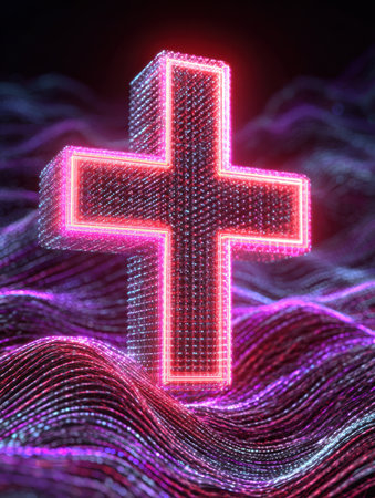 A striking neon cross stands out against dynamic waves of light in a dark background, creating a visually captivating digital scene.の素材