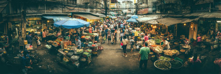 Crowds of people explore a lively street market with vendors selling fresh produce, street food, and various goods on a sunny day in an urban area.の素材
