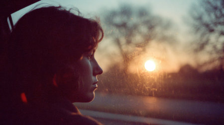 A young person gazes thoughtfully outside a car window, watching the sunset unfold against a peaceful landscape during twilight.の素材