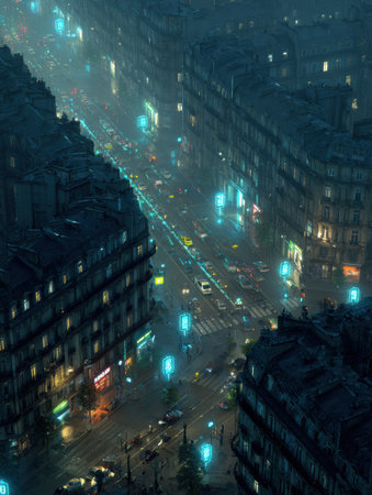 A vibrant city street illuminated by glowing lights at night, showcasing bustling traffic and the energy of urban life during evening hours.の素材