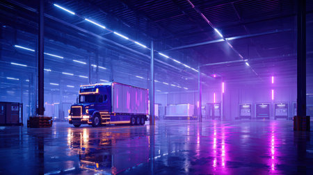 A modern truck stands in a spacious warehouse, illuminated by colorful neon lights. The wet floor reflects the vibrant hues, creating a dynamic atmosphere.の素材