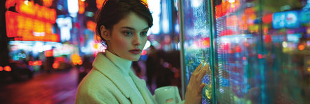 In a vibrant city at night, a young woman looks pensively at the glowing lights, holding a cup, surrounded by the energy of the streets.の素材