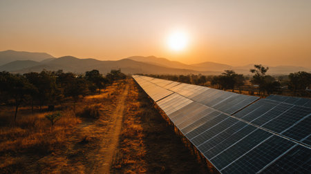 Golden sunlight casts a warm glow over solar panels, showcasing renewable energy in a tranquil setting surrounded by mountains and open land.の素材