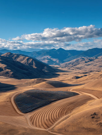 A wide view shows terraced fields in a valley with mountains and a vibrant sky, highlighting the harmony of nature and agriculture.の素材