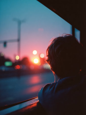 A person gazes out a bus window, observing a vibrant sunset and city lights as the day turns to night. The scene captures a moment of contemplation.の素材