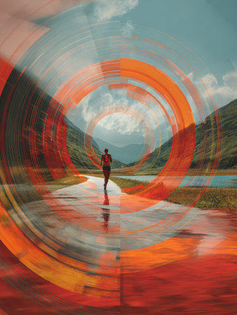 A person walks along a shiny path beside a river with vivid circular patterns blending into the landscape, showcasing mountains and blue sky.の素材