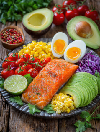 Fresh salmon fillet is surrounded by vibrant vegetables like avocado, cherry tomatoes, and corn, creating a healthy and appetizing meal display.の素材