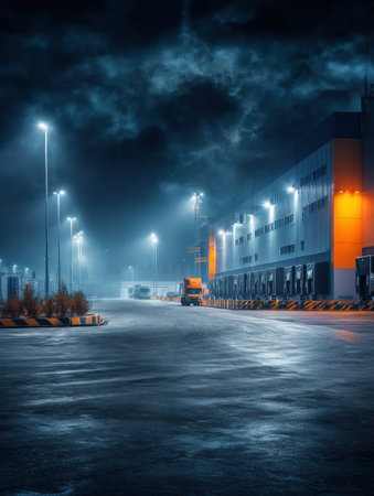 A calm night in an industrial zone features brightly lit buildings and vehicles under a cloudy sky, creating a serene yet moody atmosphere.の素材