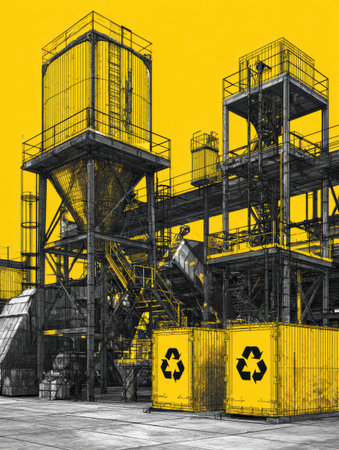 A bustling recycling facility showcases towering machinery and yellow containers marked for recycling. The complex operates actively under daylight.の素材