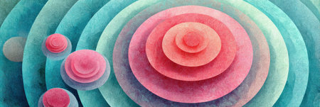 Concentric circles in varying sizes and colors create an abstract design featuring soft pastels and vibrant tones, showing artistic shapes and forms.の素材
